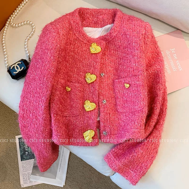 Rose pink love button small fragrant jacket for women autumn and winter 2023 new style French sweet temperament lady short top