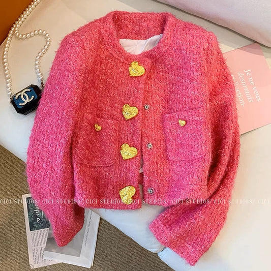 Rose pink love button small fragrant jacket for women autumn and winter 2023 new style French sweet temperament lady short top