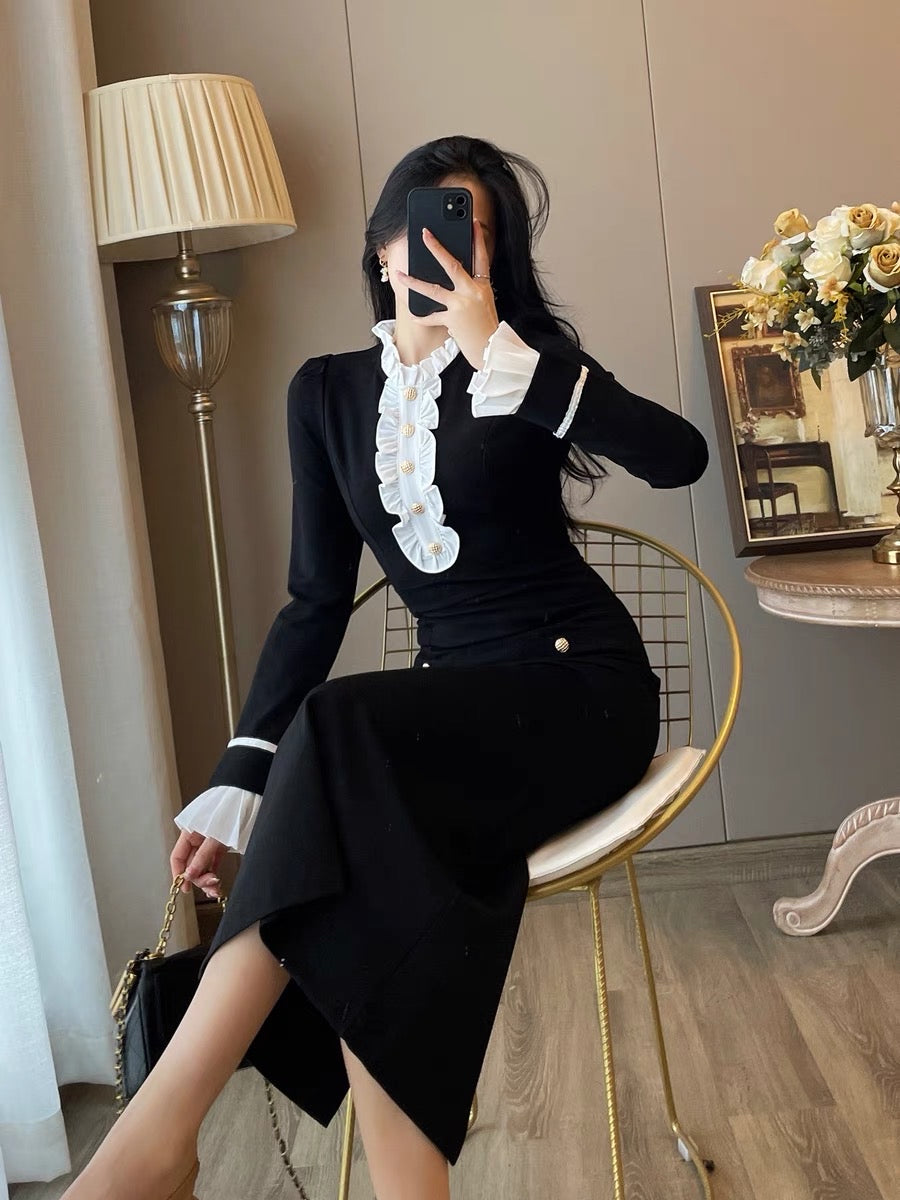 Two-piece suit women's autumn clothes new western style fashionable French retro bottoming velvet dress temperament slim long skirt