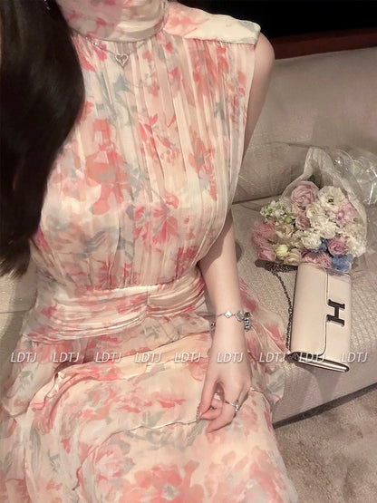 LDTJ Haute Couture 23 Xia Xin Elegant Temperament Fairy Gentle Sleeveless Vacation Slim Silk Broken Print Dress Women