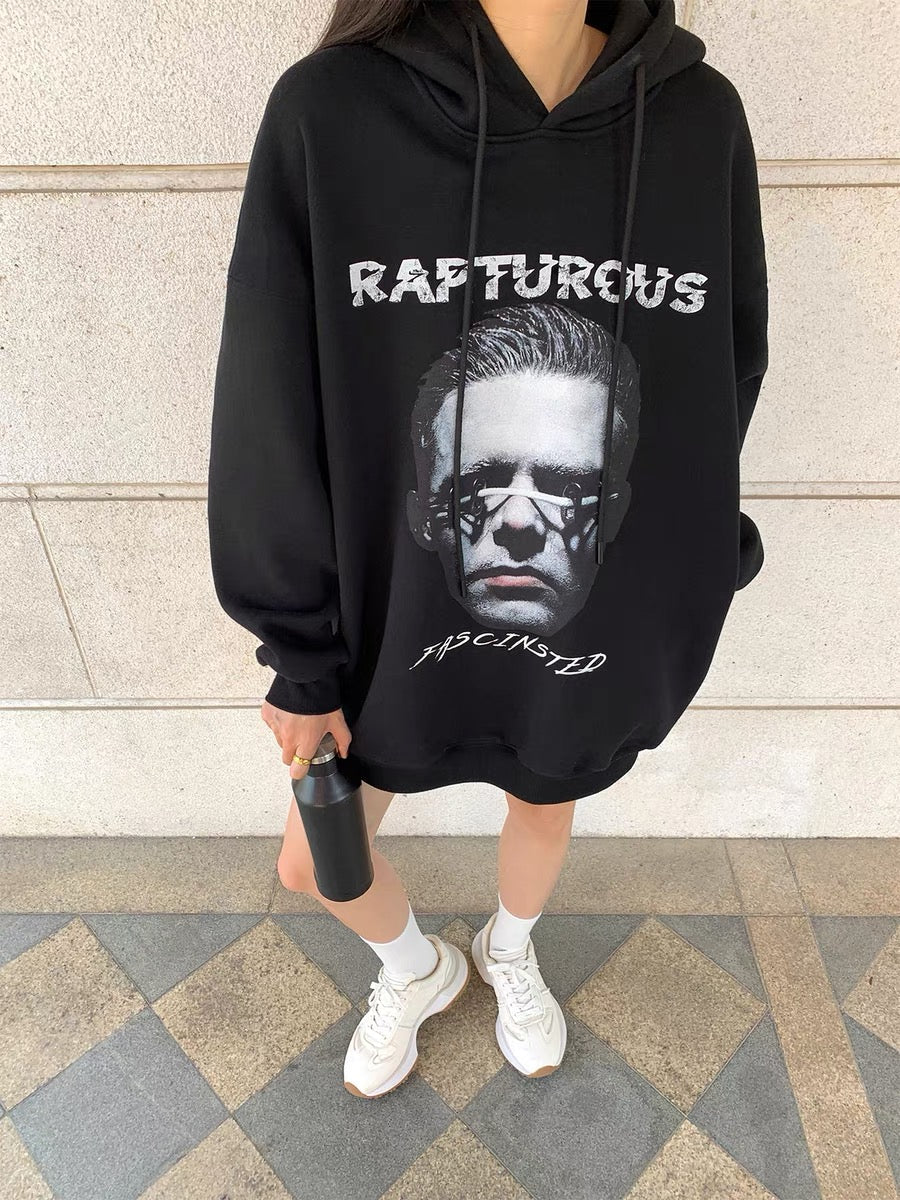 Zhou Miao ZHOUMIAO 100 cotton plus velvet hooded sweatshirt for women autumn and winter digital printing loose off-shoulder long-sleeved top (T9235)