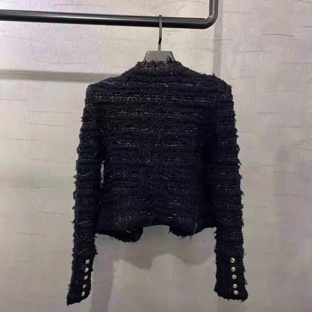 European Station Autumn and Winter New Style Slim Fit Socialite Double-row Metal Button Tassel Jacquard Braided Knitted Short Jacket for Women