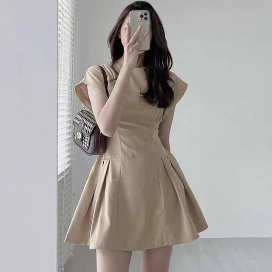 Korean chic summer elegant temperament round neck solid color waist slimming flying sleeves A-line dress skirt female