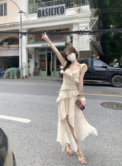 PPHOME is full of temperament~Sweet flying sleeves floral suspender dress women's design holiday style fairy long dress