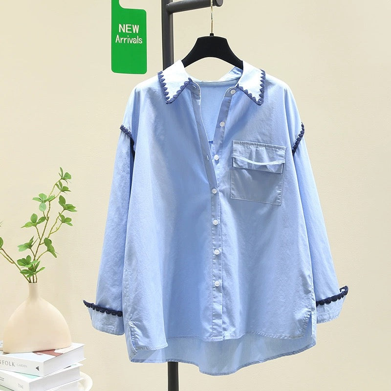 Blue design shell embroidered shirt for women 2024 spring new Korean loose slim shirt chic top
