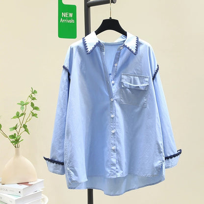 Blue design shell embroidered shirt for women 2024 spring new Korean loose slim shirt chic top