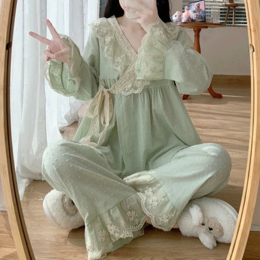 Long-sleeved suit pure cotton pajamas for women pure desire style 2023 new palace style home clothes two-piece set autumn women's style