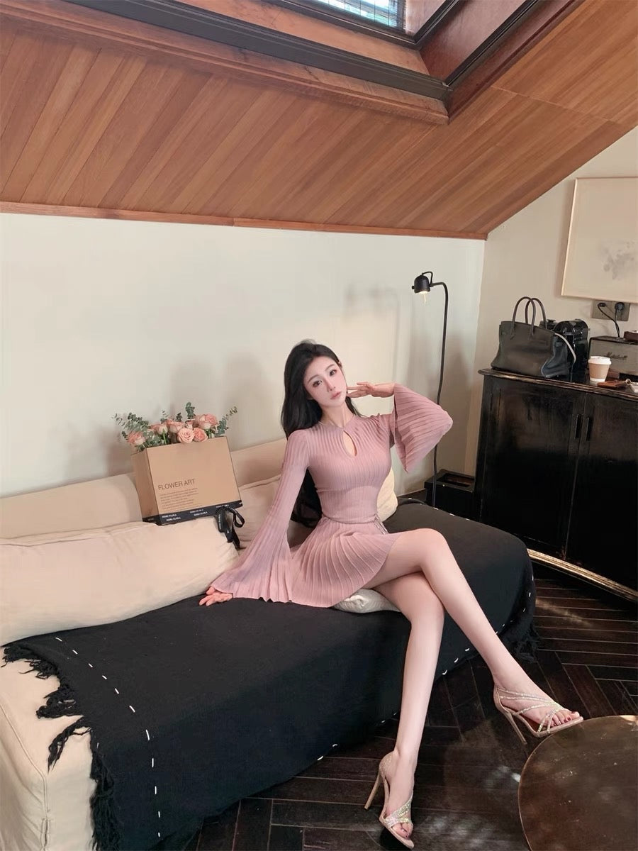 Hotdog Hot Dog is Spicy [Original Charming Daji Purple] Hollow Collar Dress Knitted Slim Skirt (D054)