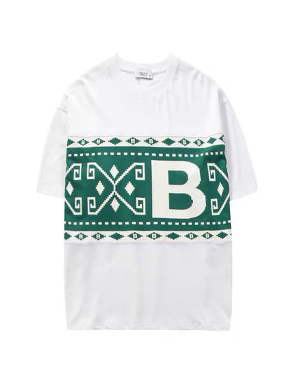 Xu Tailang contrast color Fair Isle printed short-sleeved T-shirt men's summer trendy brand plus size men's quarter-sleeved T-shirt top