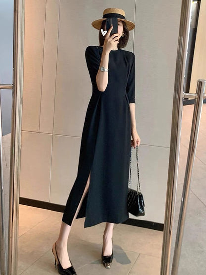 High-end, light and mature style black dress for women, summer style, slim fit, slit long skirt, European style T-shirt skirt