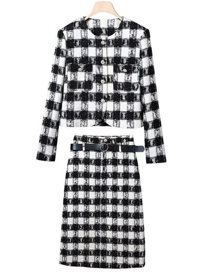 Miss DG Temperament Socialite Xiaoxiangfeng Fashion Suit Women's 2024 Spring Black and White Plaid Short Jacket Midi-Length Skirt