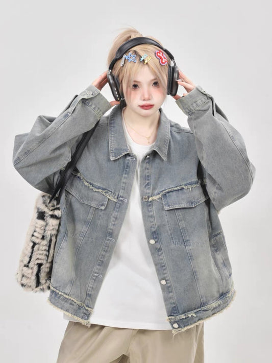 High-end oversize butterfly embroidered denim jacket for women autumn and winter 2023 new American retro jacket top A3353