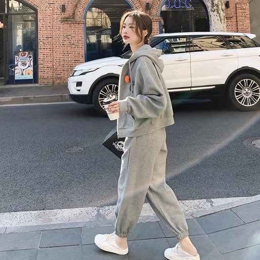 Casual sports gray hooded sweatshirt suit women's fashion 2023 autumn high-waist slimming leggings two-piece trendy set