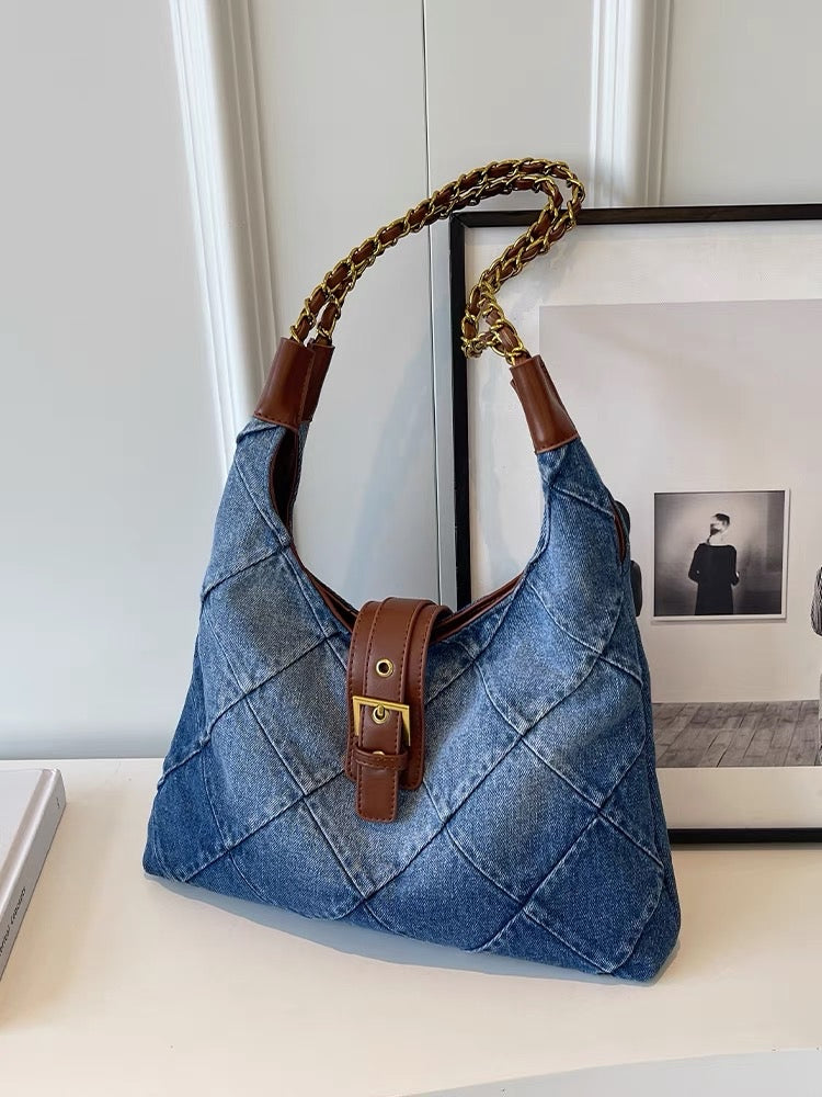 Simple casual color contrast portable large-capacity bag female 2023 new denim tote bag high-end shoulder bag