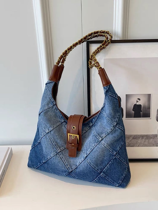 Simple casual color contrast portable large-capacity bag female 2023 new denim tote bag high-end shoulder bag