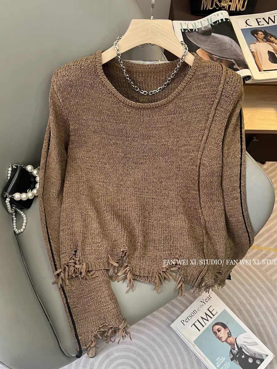 Autumn new hot girl hollow loose and versatile tassel shoulder pad pullover round neck long-sleeved sweater women's short top (B2213)