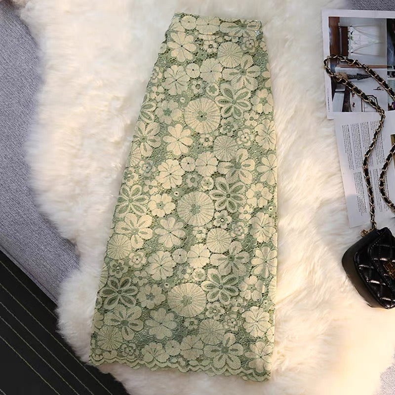 Avocado Green Lace Skirt Women's Summer Back Slit One-step Skirt Covering Hips Mid-Length High Waist Slimming A-Line Long Skirt