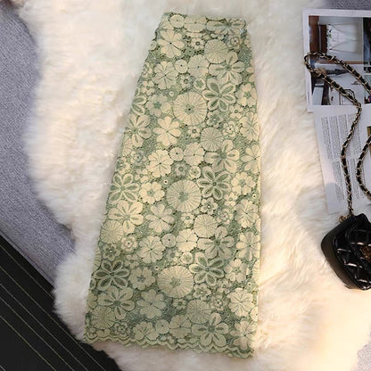 Avocado Green Lace Skirt Women's Summer Back Slit One-step Skirt Covering Hips Mid-Length High Waist Slimming A-Line Long Skirt