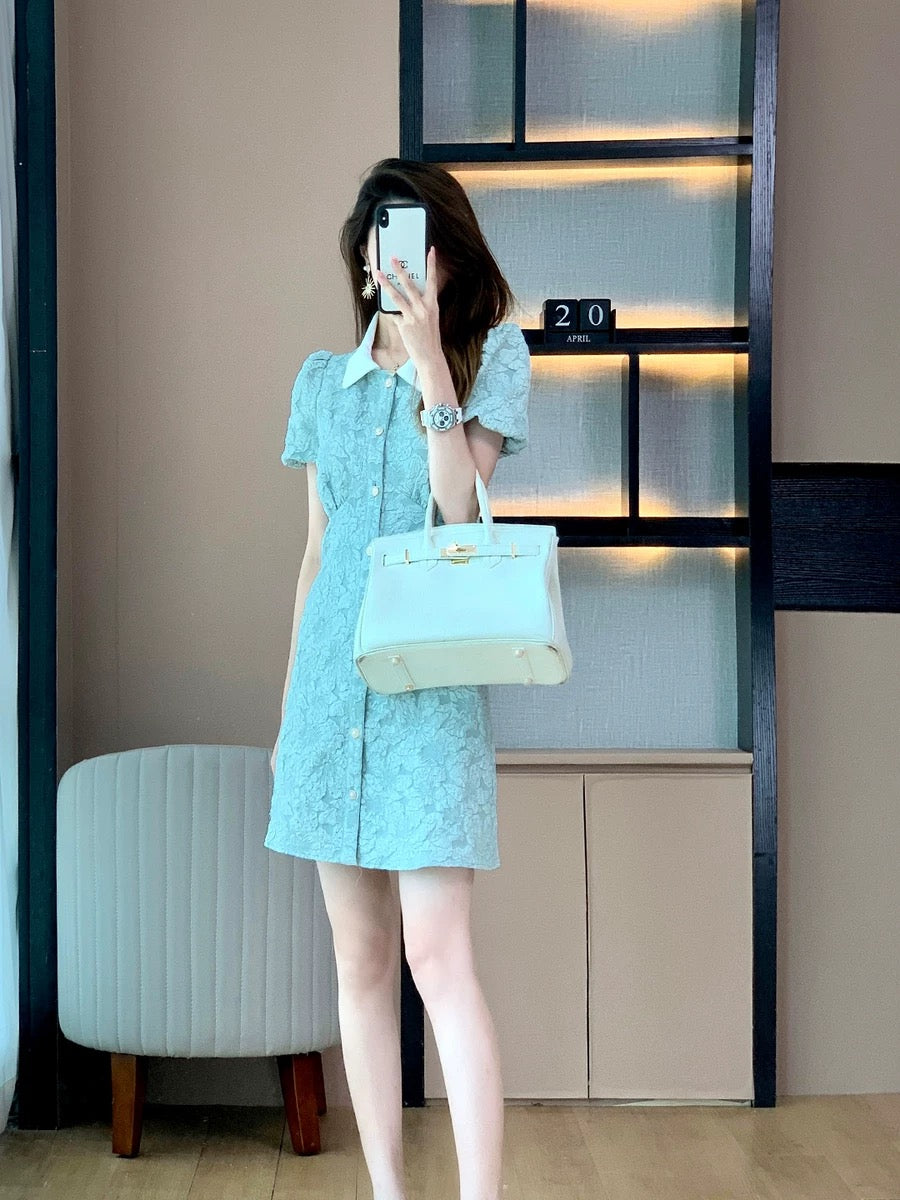 2023 new high-end French style puff-sleeved polo-neck dress for women with niche summer design