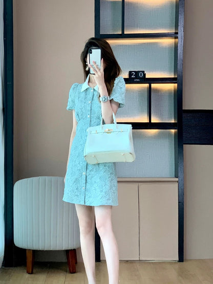 2023 new high-end French style puff-sleeved polo-neck dress for women with niche summer design