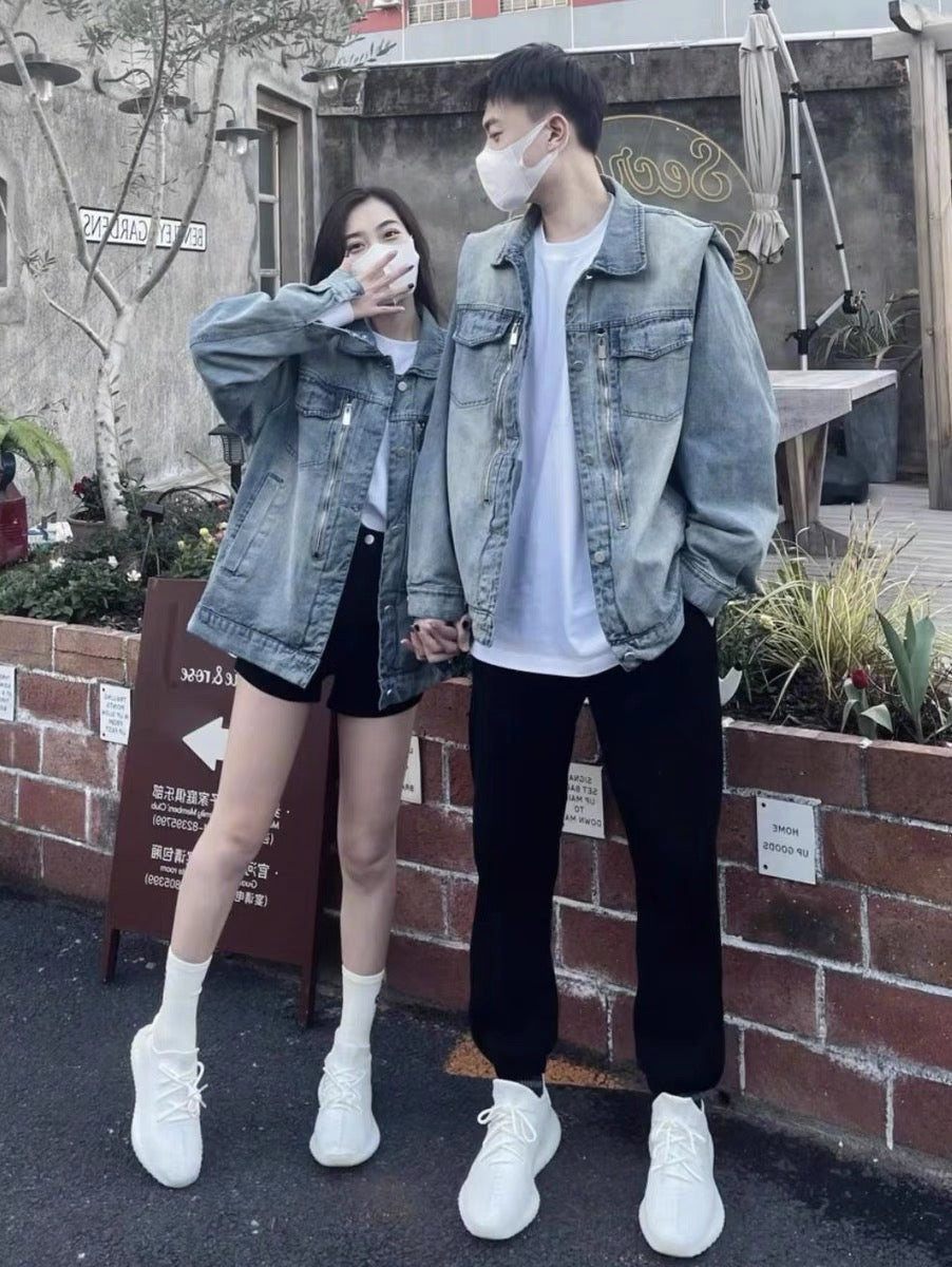 American style old denim jacket men's spring and autumn design sense loose high-level lapel casual couple jacket ins tide