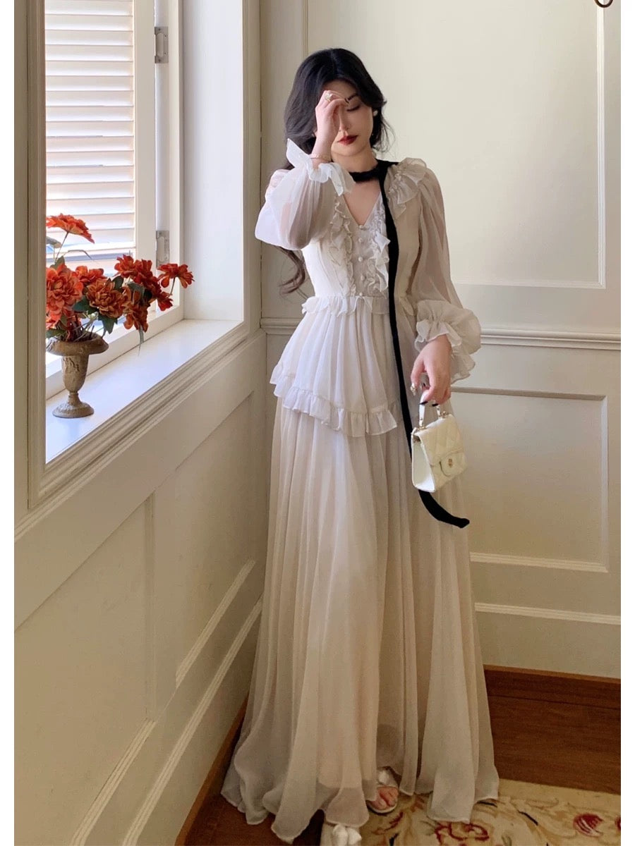 Tang Gongzi, palace-style French white dress, high-end niche, ruffled waist and drapey fairy dress