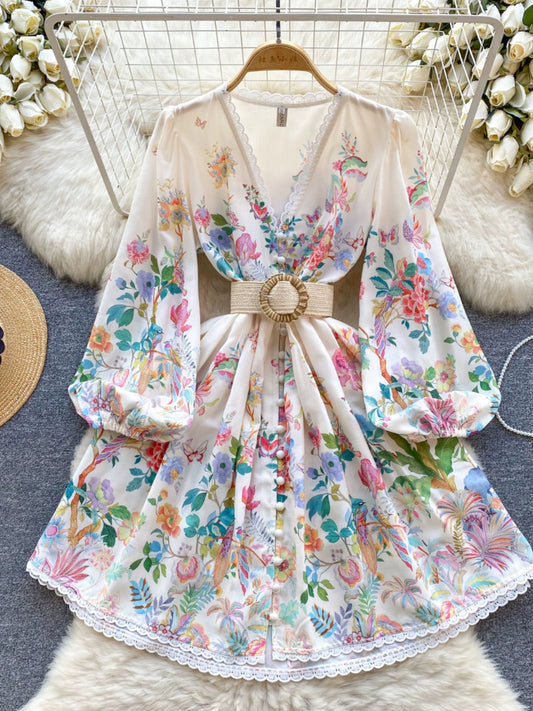 French retro temperament dress spring women's sweet lace V-neck buttoned slim short printed dress