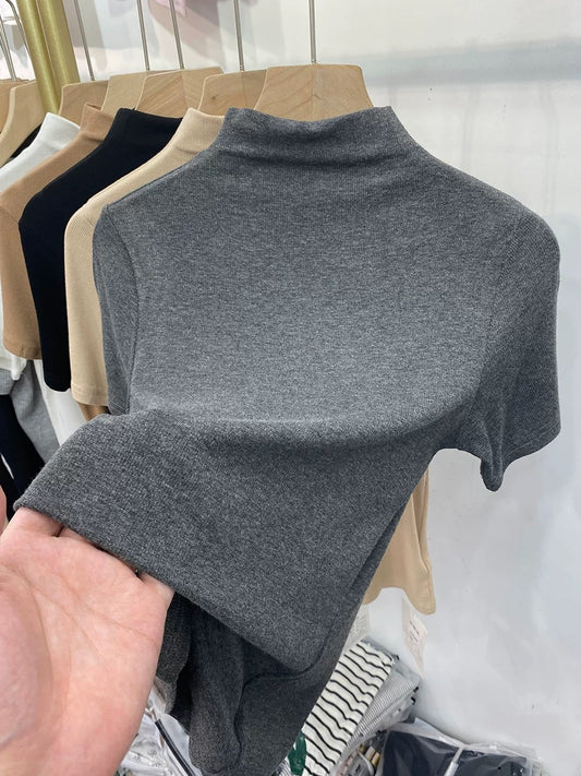 European style half-high collar threaded short-sleeved T-shirt for women 2023 spring and autumn new slimming inner layering shirt top