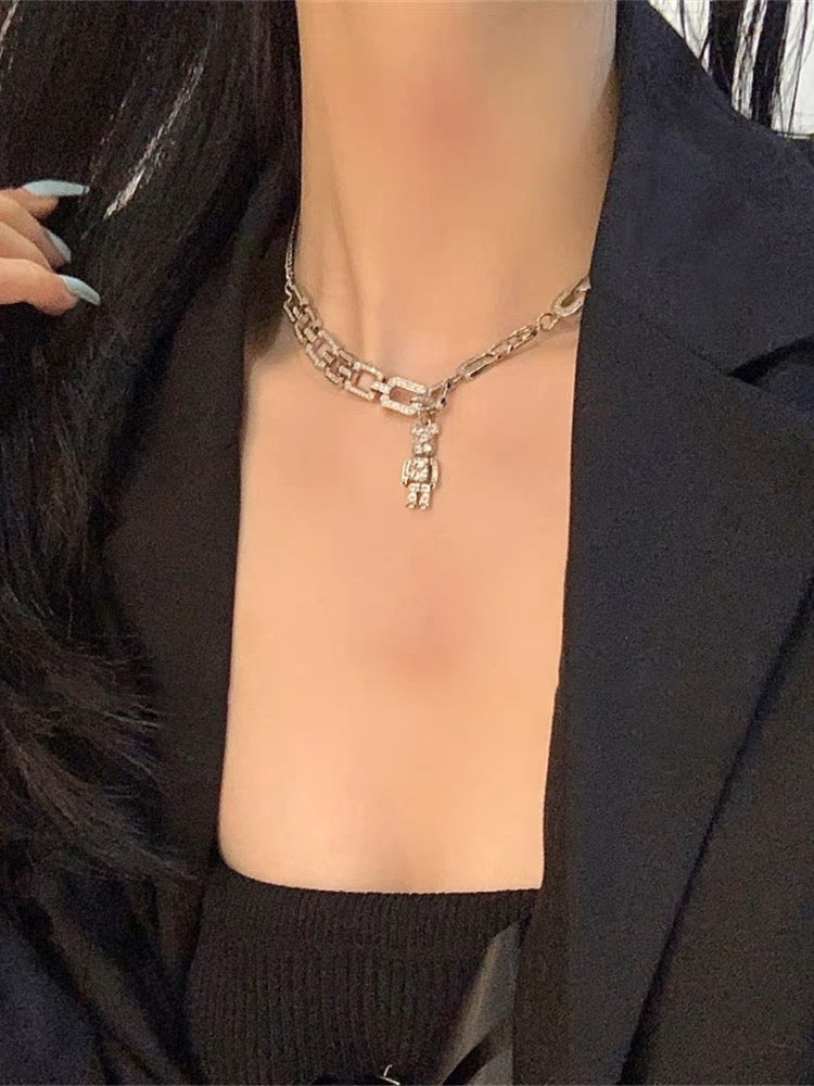 Super A~ rhinestone bear multi-element necklace Cuban exquisite necklace female niche design clavicle chain ins hip-hop style