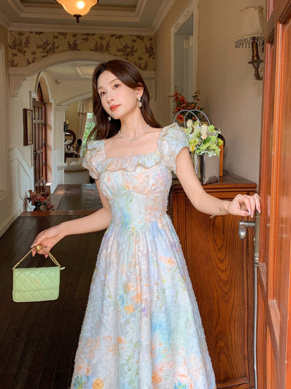 Zhang Xinzi [Summer Color Palette] French Square Neck Dress Women's Summer New Gentle Fairy Dress Tea Dress
