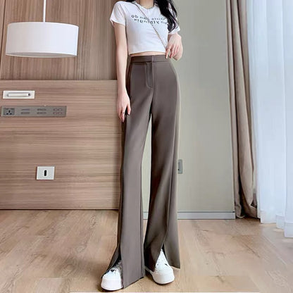 Pants Women's Autumn Ice Silk Thin Suit Pants Loose Drape Slightly Raised High Waist Slim Straight Slit Wide Leg Casual Pants (B3919)