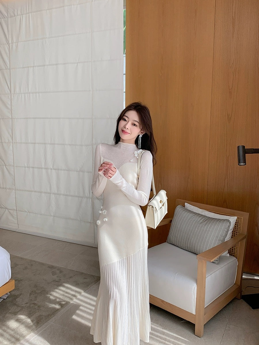 ByYou Spring Slim High Collar Wool White Knitted Waist Mid-Length Over-the-Knee Sweater Dress