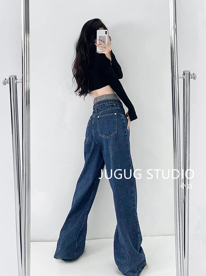 European and American style ultra-wide-leg jeans women's high-waisted loose-fitting slim design waistband cuffed wide-leg floor-mopping trousers trendy