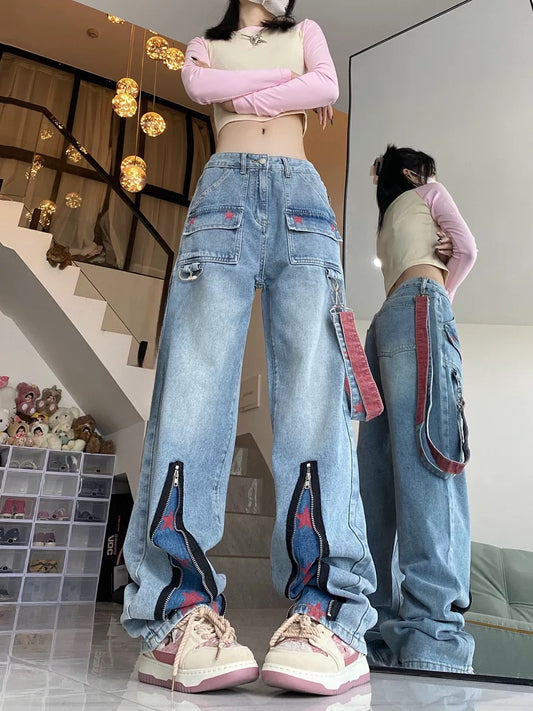 High Street Hot Girl Workwear Jeans Women's Summer Loose Slim Versatile Pants Multi-zipper Printed Straight Pants Trendy