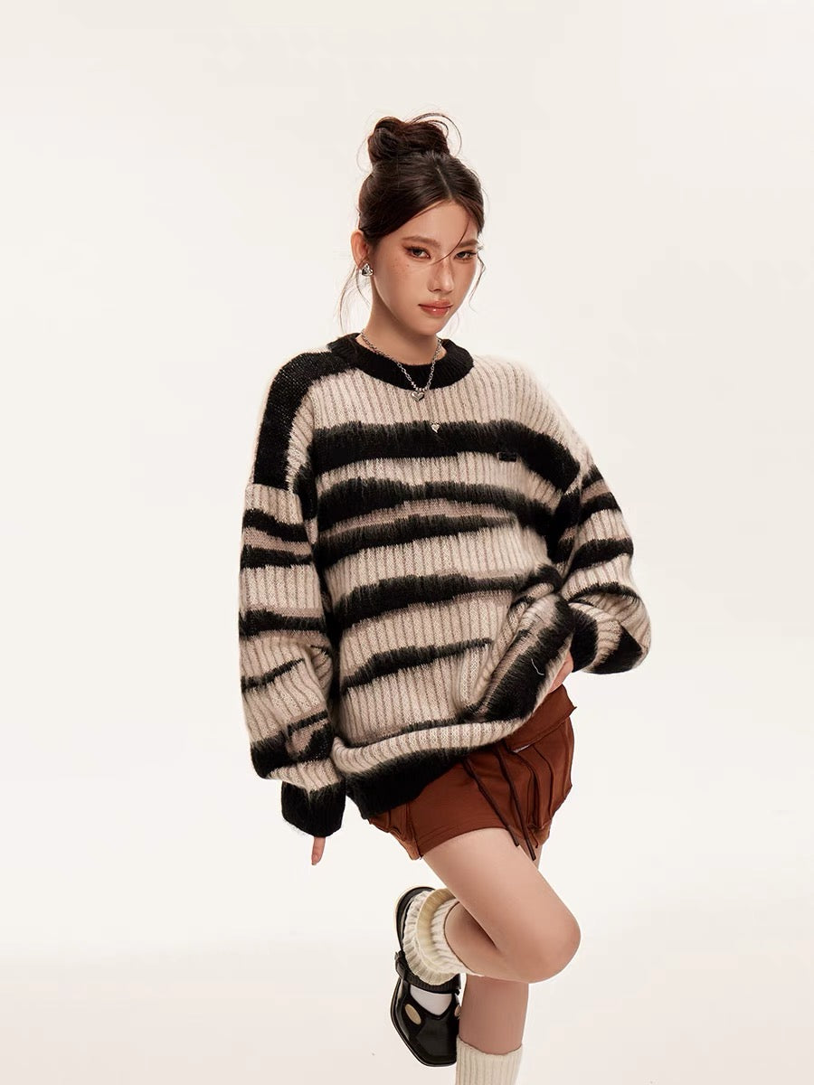Sanowers American retro striped color-blocked mohair sweater for women in autumn and winter loose lazy style couple's knitted sweater (S0557)