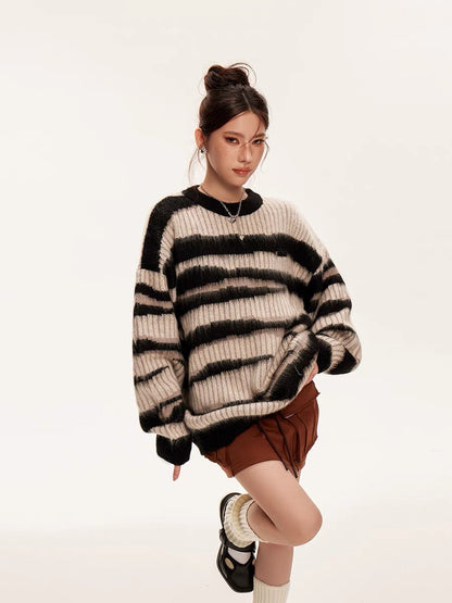 Sanowers American retro striped color-blocked mohair sweater for women in autumn and winter loose lazy style couple's knitted sweater (S0557)