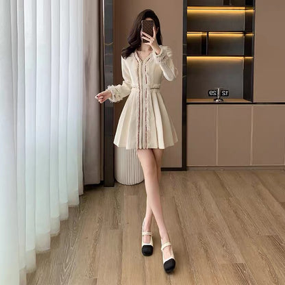 French fashion lady's small fragrant style tweed dress for women autumn new light luxury and foreign style age-reducing pleated skirt