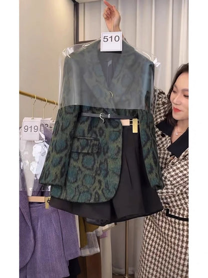 Autumn wealthy daughter's small fragrant style high-end small dress professional leopard print suit jacket shorts two-piece suit for women