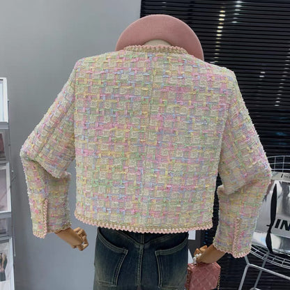 French plaid pink girly style ladylike high-end three-dimensional flower design plaid long-sleeved jacket T7971
