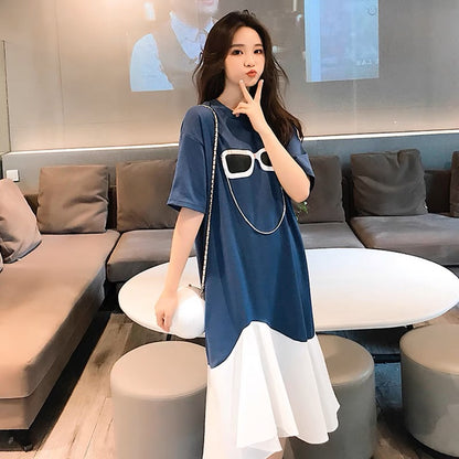 Loose dress for women summer 2023 new Korean style short-sleeved casual skirt chiffon splicing mid-length T-shirt skirt