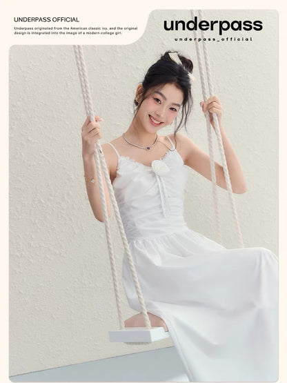 Underpass original design French black and white niche high-waisted wrinkled rose waist suspender dress