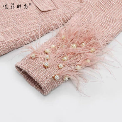 2023 winter new fashion temperament heavy industry beaded ostrich feather down lining tweed down jacket