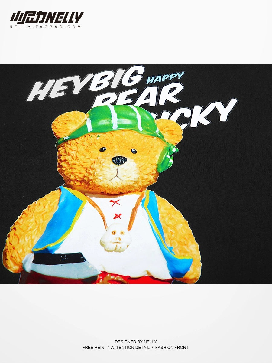 Pure cotton short-sleeved T-shirt for boys 2024 summer new American cartoon bear heavy loose casual round neck half sleeve