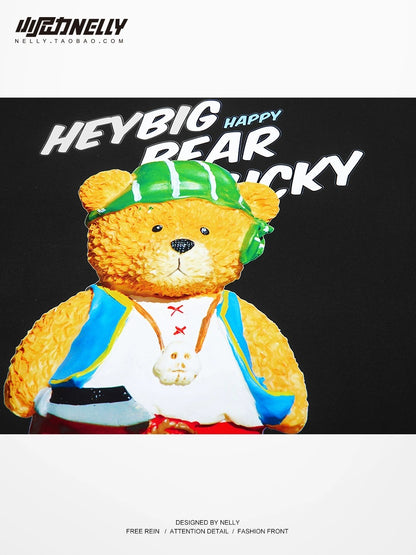 Pure cotton short-sleeved T-shirt for boys 2024 summer new American cartoon bear heavy loose casual round neck half sleeve