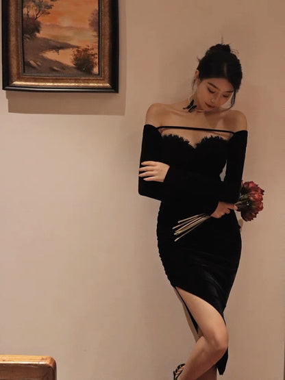 Thirteen and little velvet dress women's autumn high-end dress skirt slim slim slit long-sleeved skirt