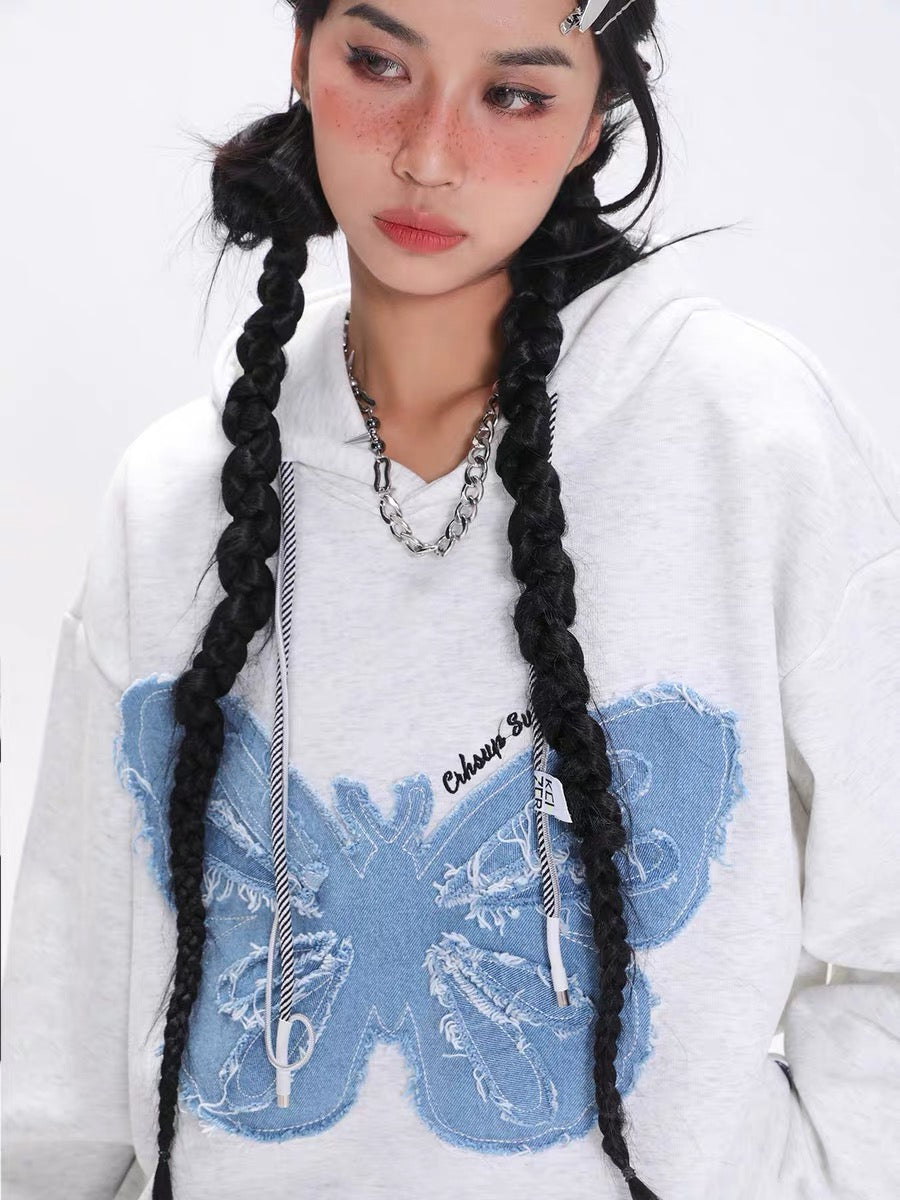 ENJOG American retro denim patch butterfly hooded sweatshirt women's trendy brand street spring and autumn new versatile top