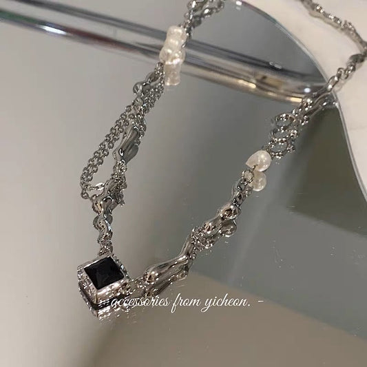 YIcheon Irregular Pearl Square Pendant Black Personality Chain Stitching Tassel Necklace C42