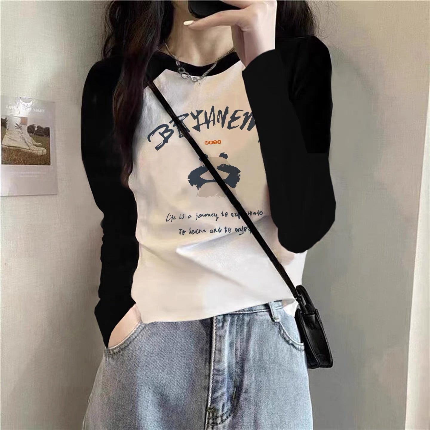 Contrast color pure cotton inner wear design sense splicing long-sleeved T-shirt female 2025 autumn and winter new European goods loose slim top M