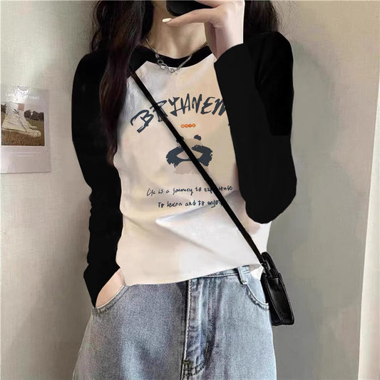 Contrast color pure cotton inner wear design sense splicing long-sleeved T-shirt female 2025 autumn and winter new European goods loose slim top M