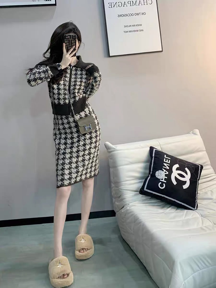 Xiaoxiangfeng fashion suit for women 2023, ladylike temperament, light luxury houndstooth bag hip skirt, knitted cardigan two-piece set (B1516)